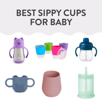 Graphic for post – best sippy cups for baby. Images are of brightly colored sippy cups against a white background.