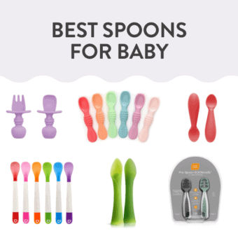 Graphic for post – best spoons for Baby. Images are in a grid of colorful spoon sets for Baby for purées and baby led weaning on a white background.