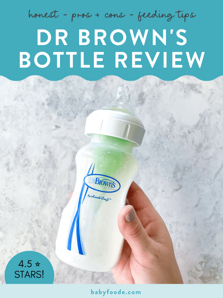 Graphic for post – Dr. browns bottle review, 4.5 stars. Images of a hand holding a full bottle against a marble backdrop.