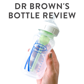 Graphic for post – Dr. browns bottle honest review. Images of a hand holding a full bottle.