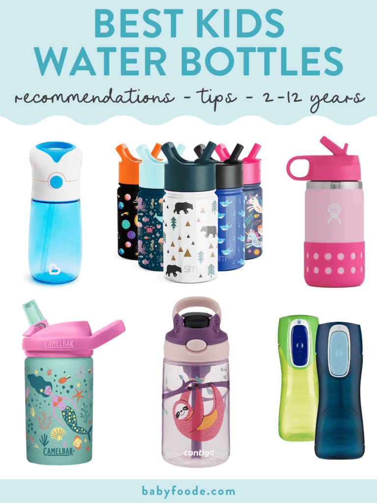graphic for post - best kids water bottles - recommendations, tips, ages 2-12 years. Images are of colorful plastic and metal water bottles against a white background. 