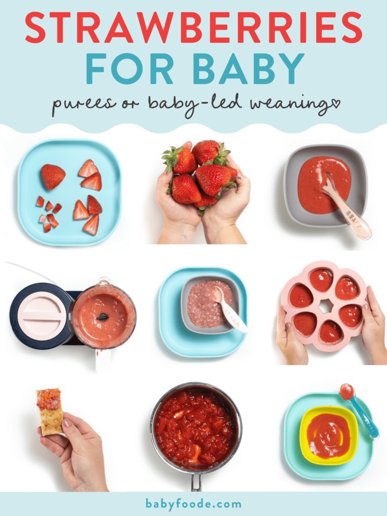 Graphic for post - strawberries for baby - purees or baby led weaning. Images are in a grid against a white background and include a gray bowl with a smooth strawberry puree, hands holding fresh strawberries, a blue plate with baby led weaning strawberries as well as a pink freezer tray with puree inside. 