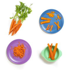 graphic for post - a grid of 4 images, one of a bunch of carrots, a blue baby plate with different ways to serve carrots to baby, a purple baby plate with spiralized carrots, a green baby bowl with sticks of carrots.