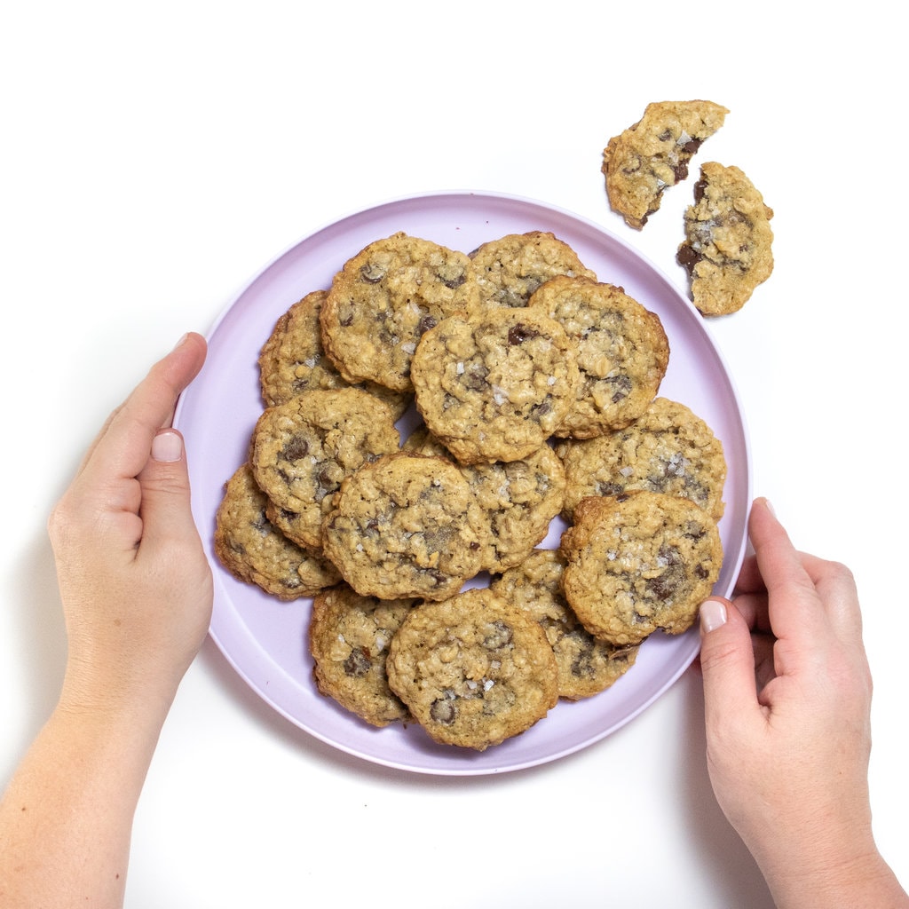 Two hands holding a purple plate full of lactation cookies with one cookie broken up on the side.
