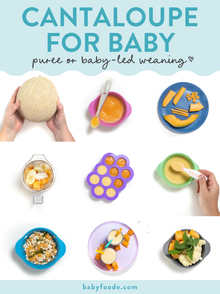 Graphic for post – cantaloupe for Baby, purée or baby lead weaning. Images are in a grid of purée and finger foods and colorful baby plates against a white background.