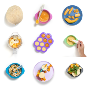 Graphic for post – nine images of cantaloupe for Baby on colorful baby plates shown as purées and for baby lead weaning.