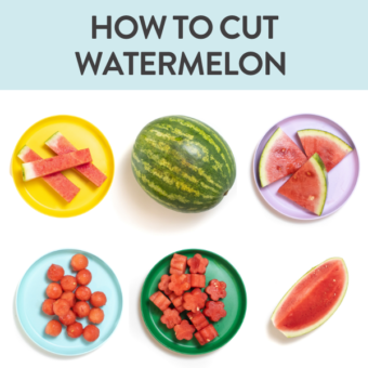 Graphic for post - how to cut a watermelon, images are in a grid with colorful plates and different ways to cut a watermelon