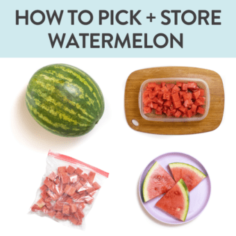 Graphic for post - how to pick, store and freeze watermelon. IMages are in a grid in front of a white background of watermelon, cut, in baggies, on colorful plates and whole.