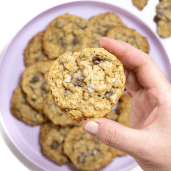 Hand holding a lactation cookie over a white plate of cookies.