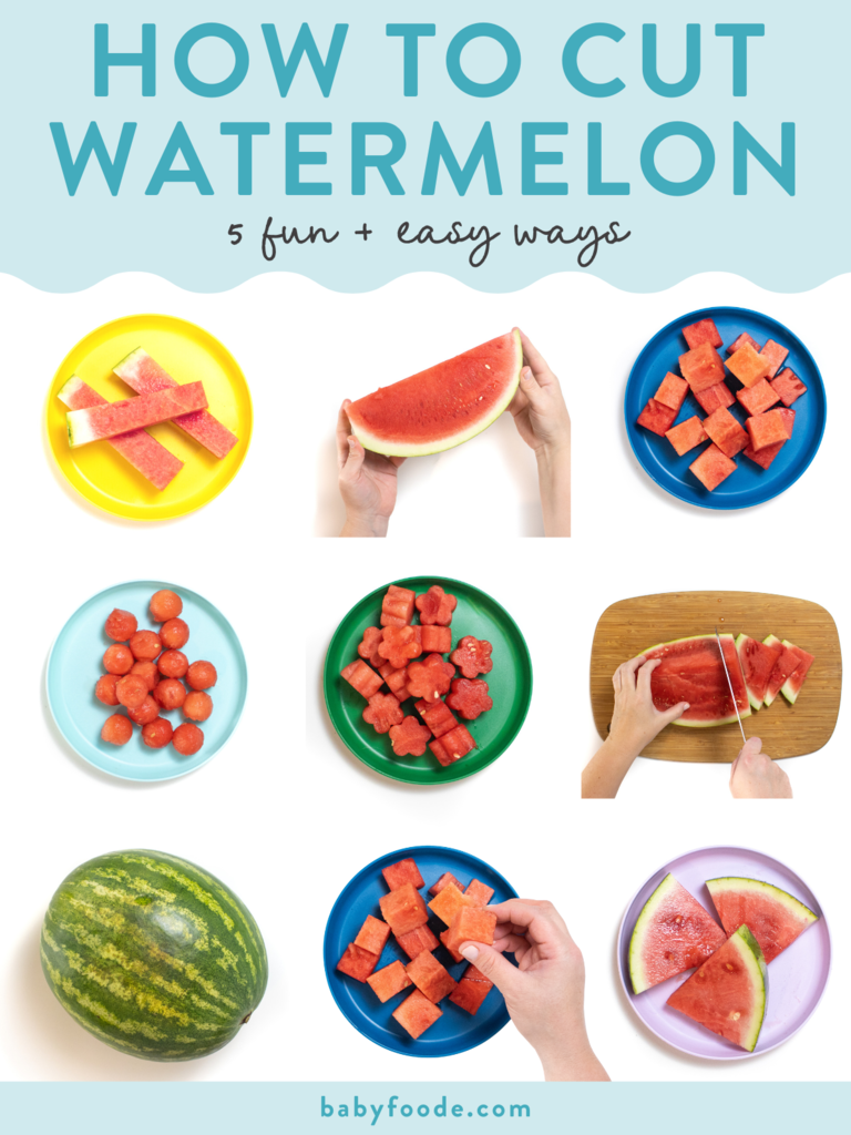 Graphic for post - how to cut a watermelon - 5 easy and fun ways. Images are in a grid against a white background with colorful kids plates with fun ways to cut the watermelon. 