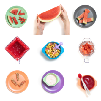 It's a grid of nine photos showing purées and baby led weaning style recipes for watermelon for your baby against a white background.