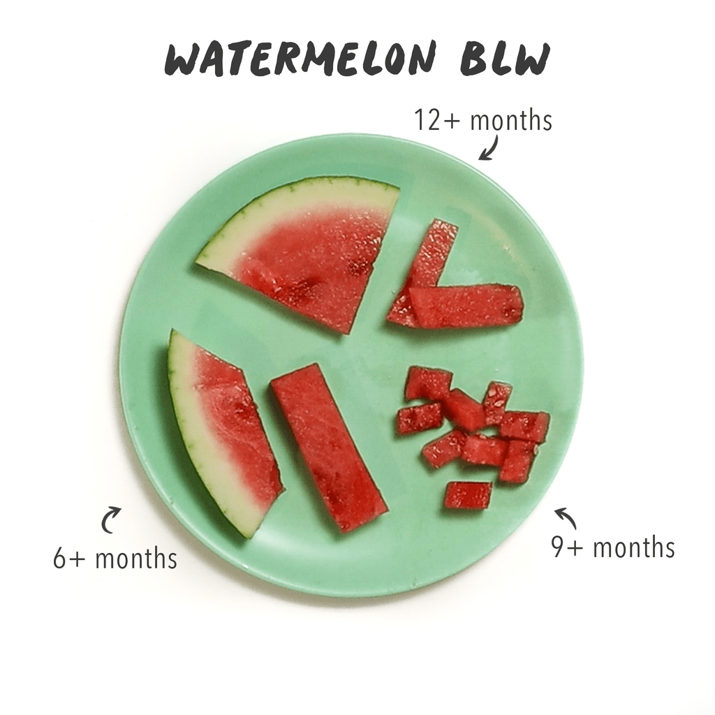 Are graphic for watermelon baby led weaning, a image of a teal baby plate with different ways you can serve a watermelon to baby for six months, nine months and 12 months.