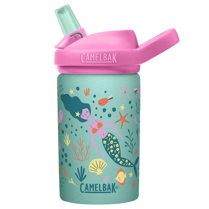 A kids colorful water bottle with a fun design. 