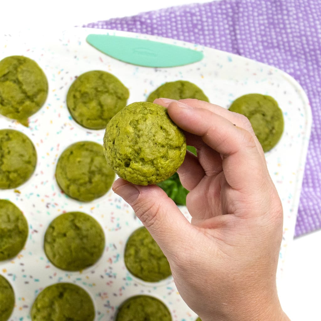 Hand holding up a Spanish muffin against a backdrop of a colorful muffin tin with student spinach muffins