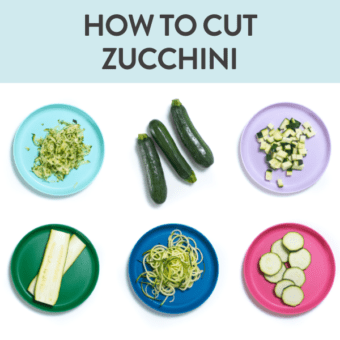 Graphic for post - how to cut zucchini with a grid of images against a white background showing colorful plates with different cuts of zucchini.