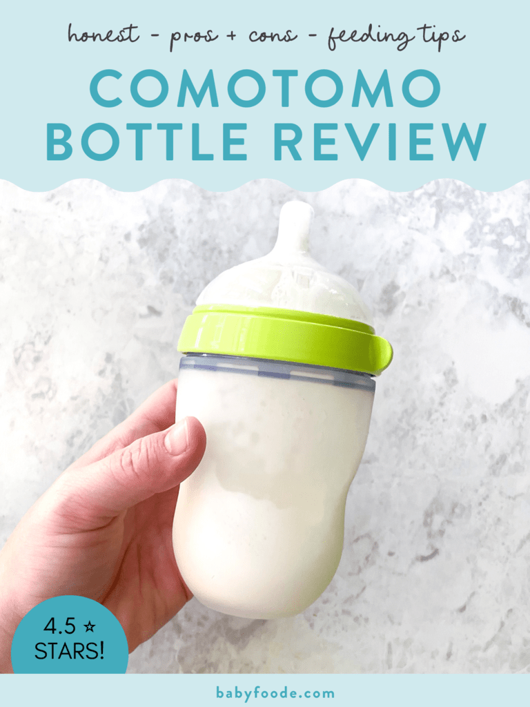 Graphic post – Comotomo honest review, honest, pros and cons and feeding tips. Images of a hand holding a clear baby bottle full of formula over a marble countertop.