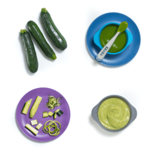 Graphic for post - zucchini for baby - puree or baby led weaning. Images are in a grid showing 5 different ways to feed zucchini to your baby.