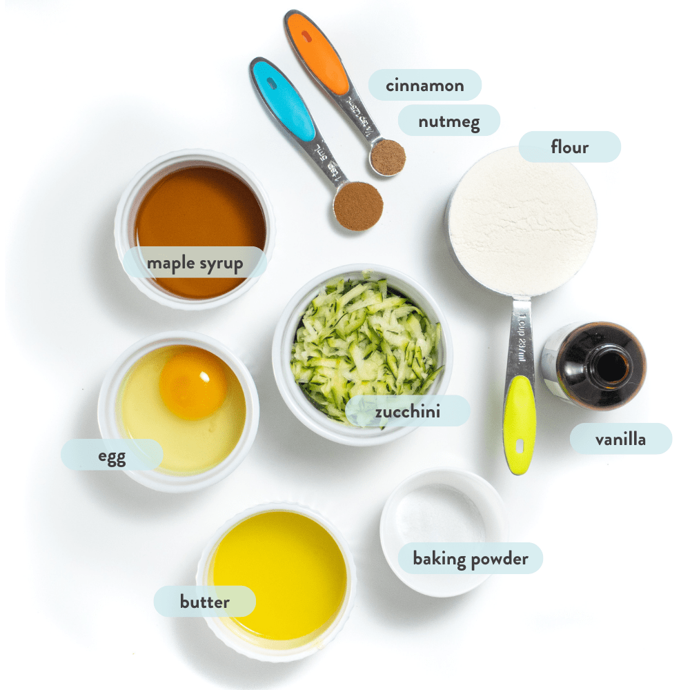 A spread of ingredients for zucchini pancakes with their names on top of them.