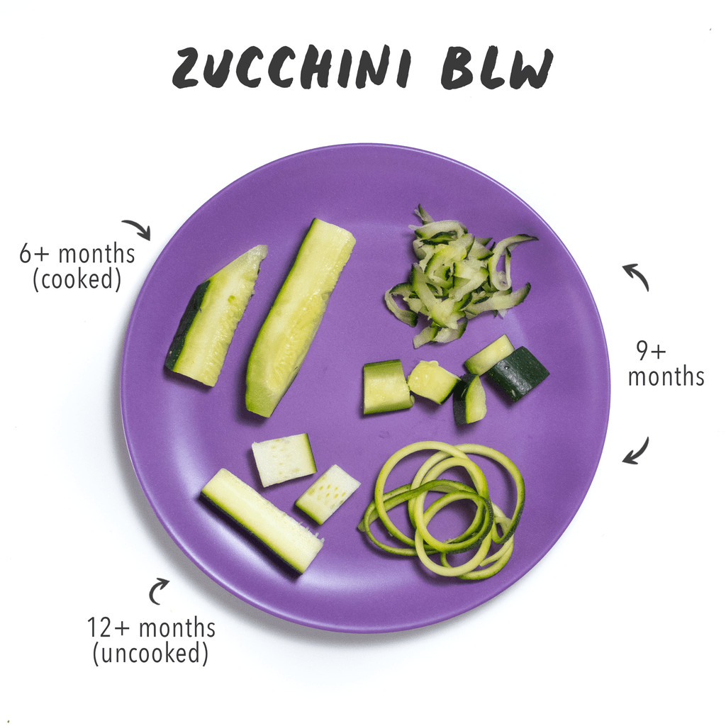A purple plate with different cuts of zucchini for baby led weaning and finger foods.