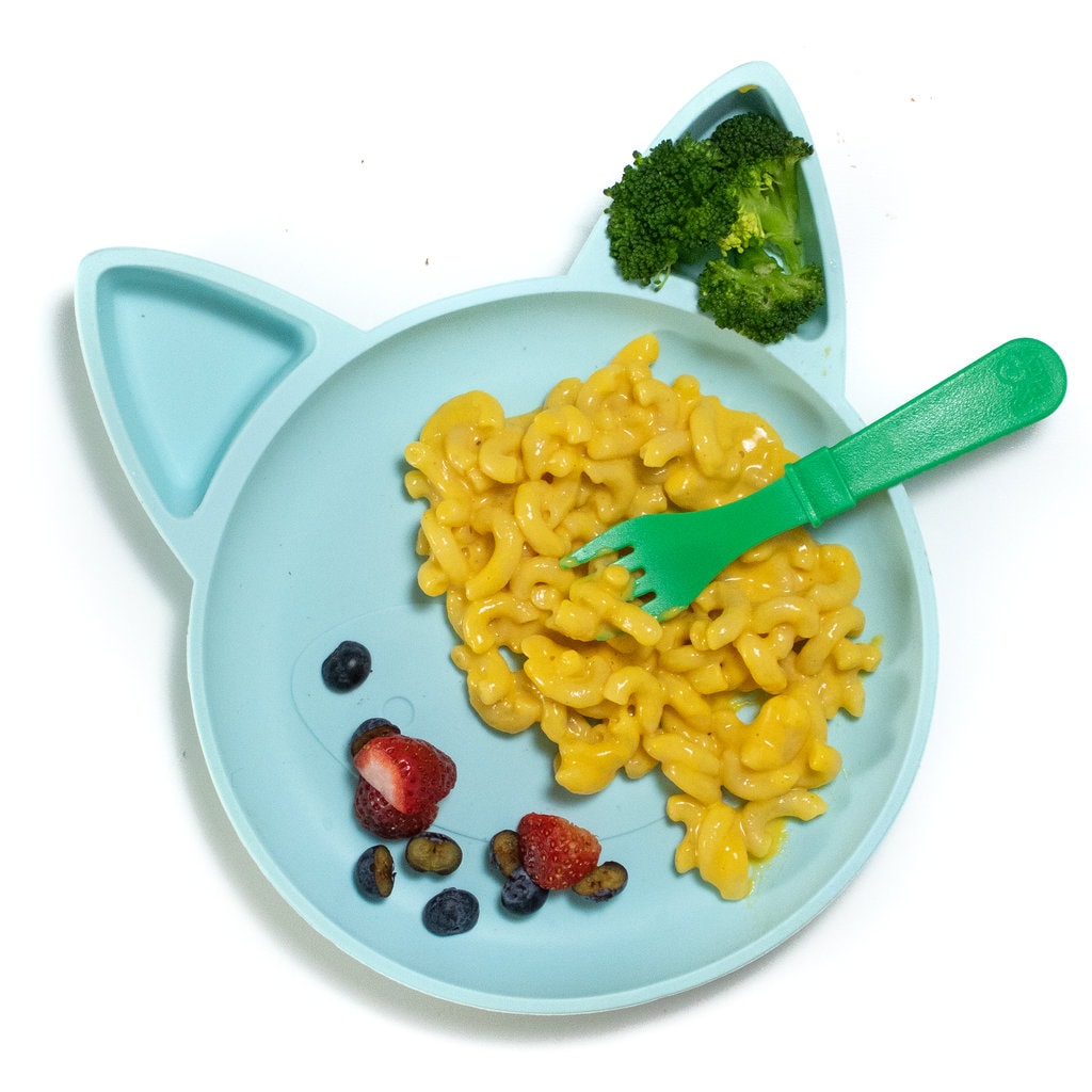 Teal toddlers plate in the shape of a fox, with butternut mac & cheese, broccoli and berries.