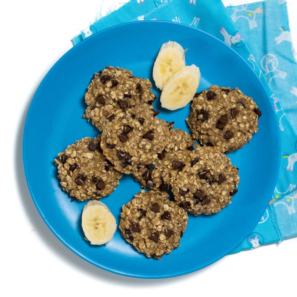 Play of banana oatmeal cookies with a blue kids napkin.