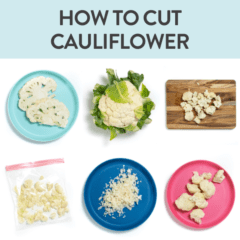 graphic for post - how to cut cauliflower. Images are in a grid against a white background - hands holding a cauliflower, pink plate with florets, blue plate with riced cauliflower and a cutting board with cauliflower steaks.
