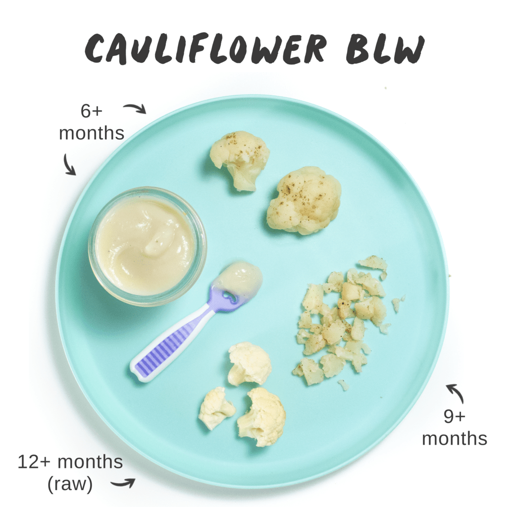 graphic for post - cauliflower for baby-led weaning. Images is of a teal baby plate with different ways how to serve cauliflower to your baby. 