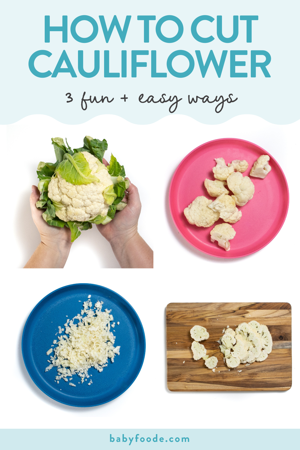 graphic for post - how to cut cauliflower. Images are in a grid against a white background - hands holding a cauliflower, pink plate with florets, blue plate with riced cauliflower and a cutting board with cauliflower steaks.  