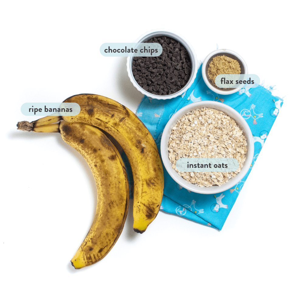 Spread of ingredients with labels against a white background with a blue napkin.