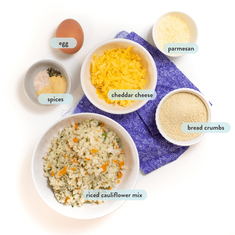 spread of ingredients for cauliflower tots that have name tags overlaid on top. 