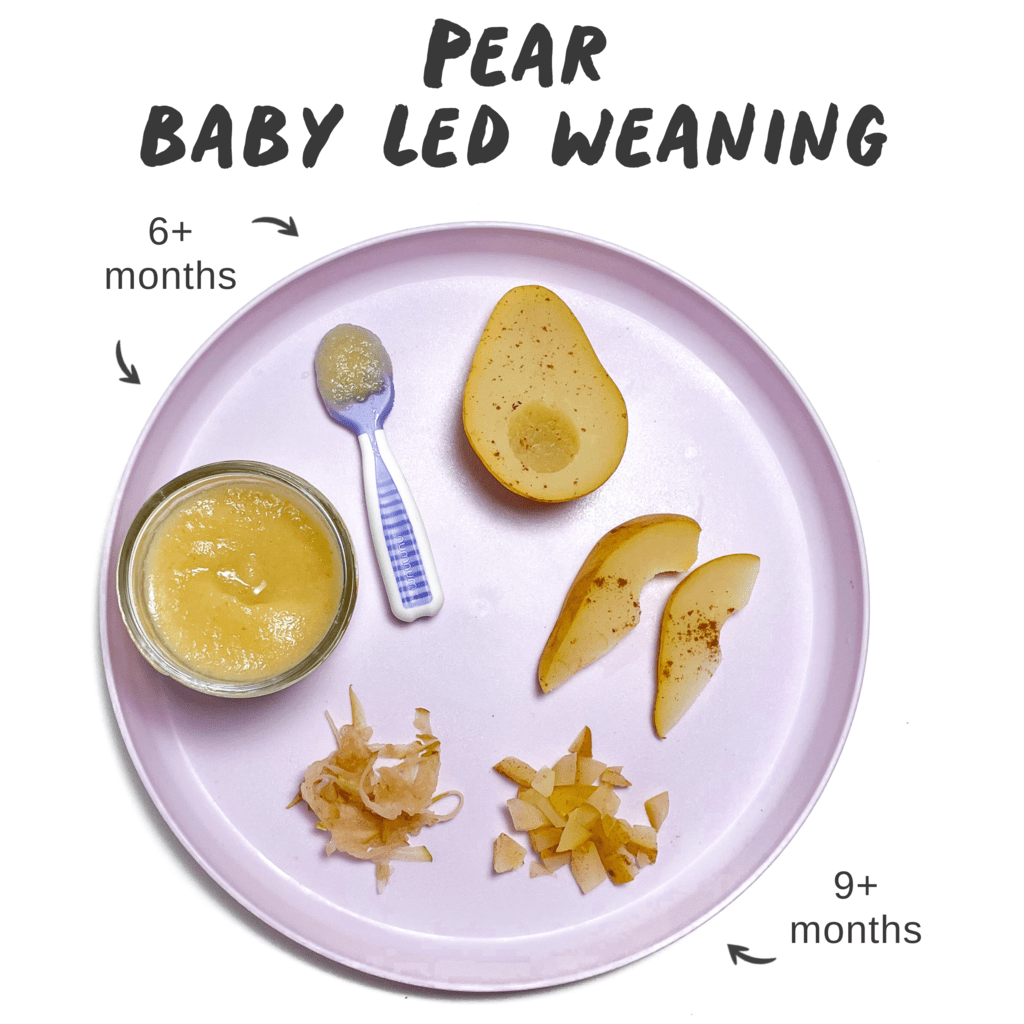 A purple plate showing different ways to serve pair for baby led weaning.
