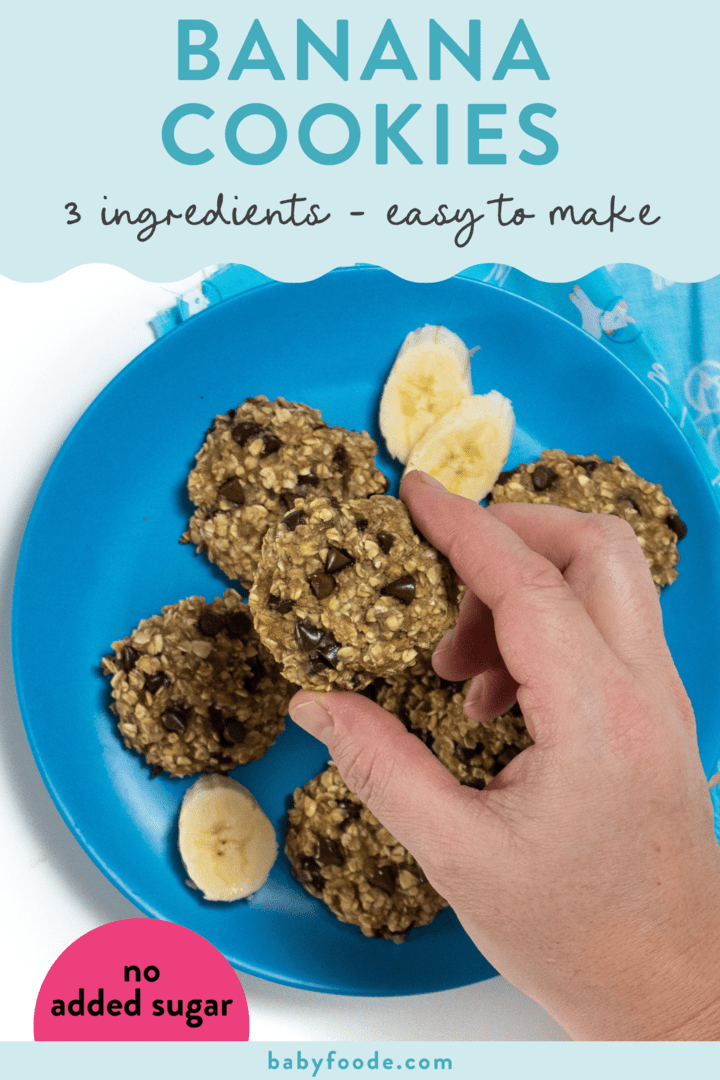 Graphic for post - banana cookies made with 3 ingredients - easy to make - no added sugar. Hand is holding a round banana cookie. 
