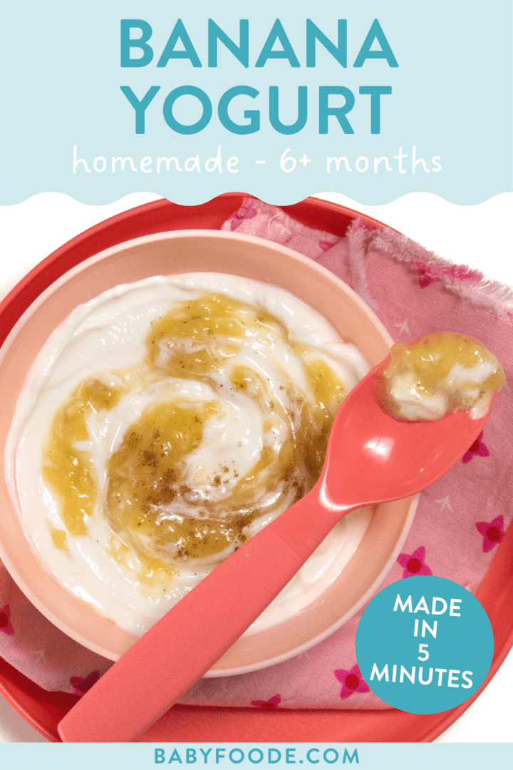 Graphic for post – banana yogurt, homemade, 6+ months. Graphic is of a pink kids bowl on top of the pink kids plate full of banana yogurt.