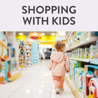 graphic for post - shopping with kids, image of a small girl in pink walking down the aisle of a grocery store.