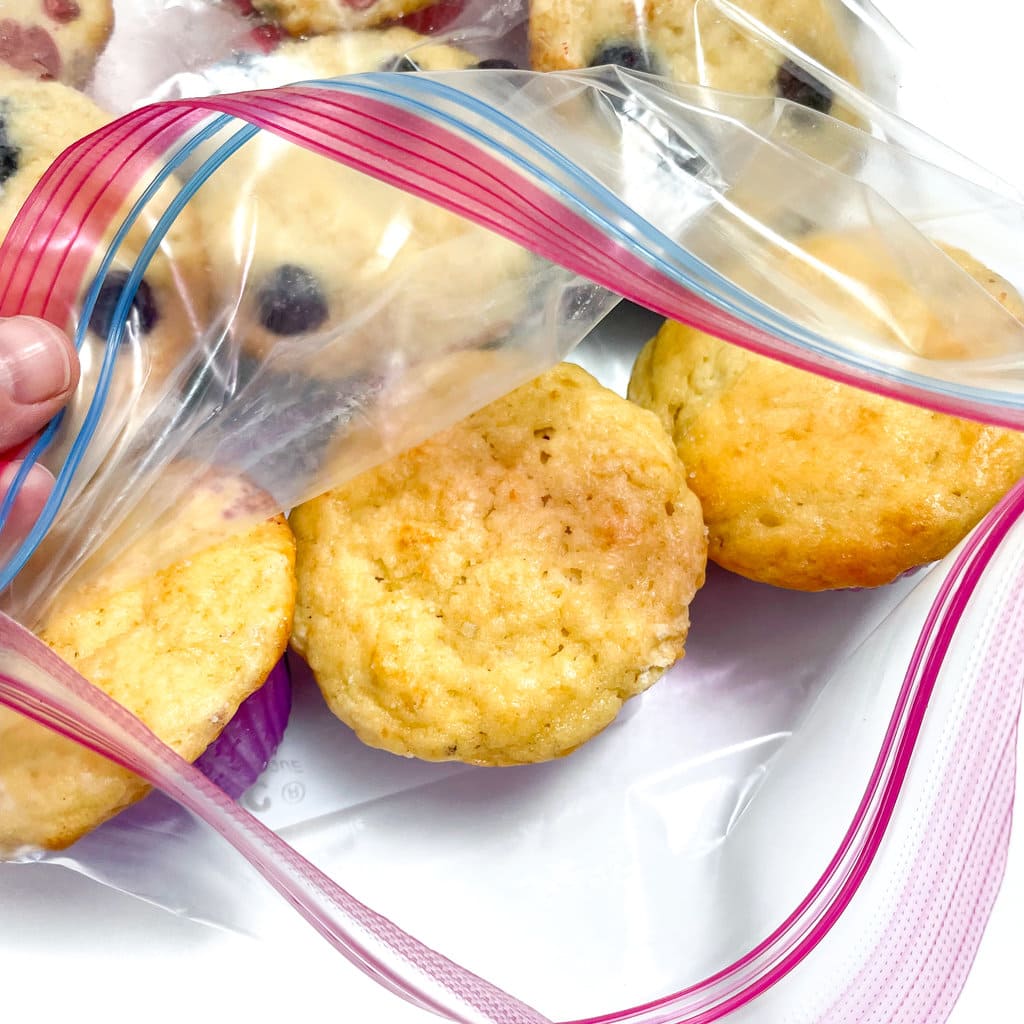 A close-up shot of frozen muffins in a Ziploc bag.
