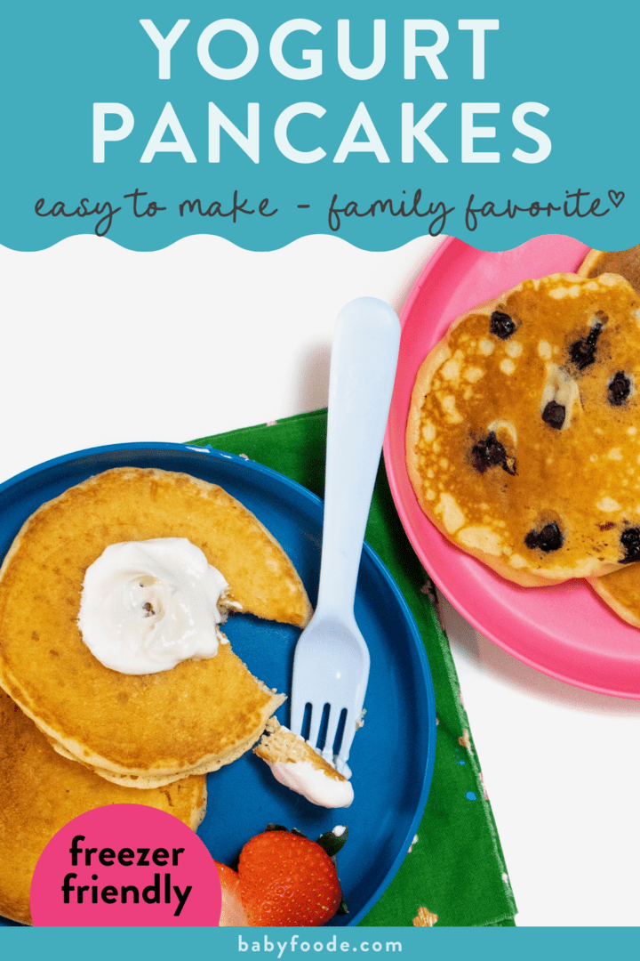 Graphic for post - yogurt pancakes - easy to make - family favorite. Image is of a blue and pink kids plate and a colorful green napkin with yogurt pancakes on top, some with blueberries. 