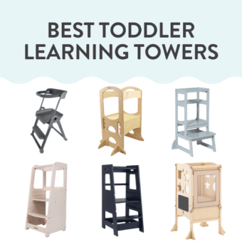 Graphic for post – six best toddler learning towers, expert guides, tips, benefits. Images of six learning towers and Wood in different colors.