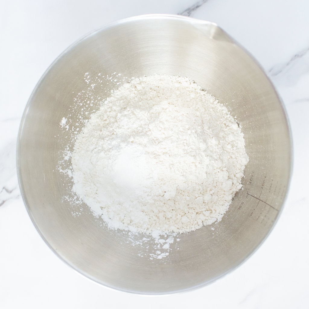 A mixing bowl full of flour.