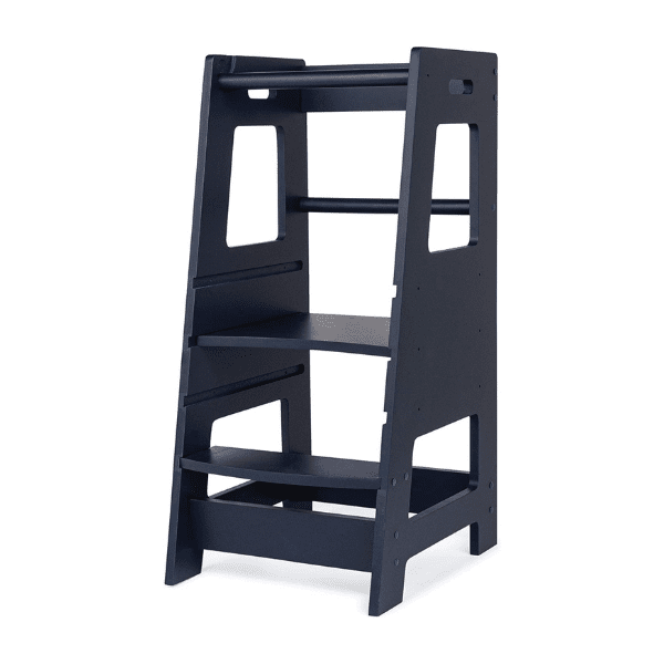 Dark navy wood learning tower for kids and toddlers.