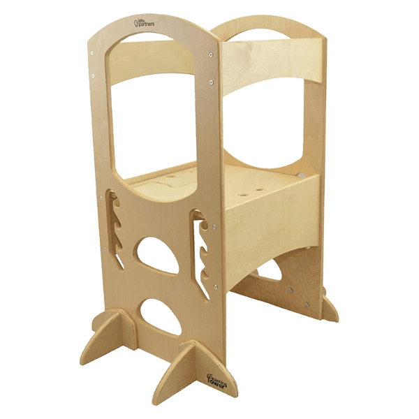 little partners wood learning tower for kids against a white background.