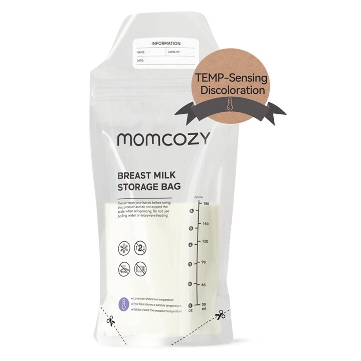 Clear breast milk storage bag with black writing on the package. 