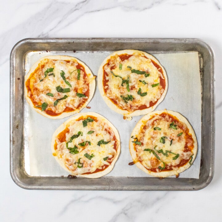 For cooked tortilla pizzas on a baking sheet.