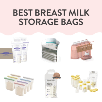 Graphic for post - best breast milk storage bags - guide to how to store and best brands. Images is of a spread of products to hold pumped milk.