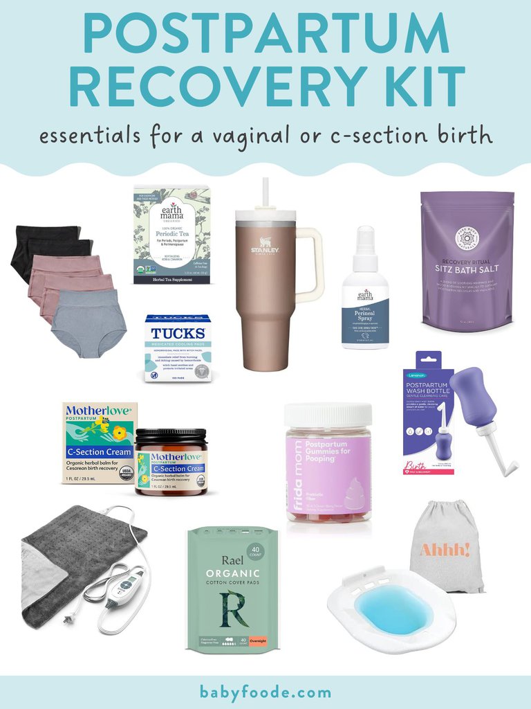 Graphic for post - postpartum recovery kit - essentials for a vaginal or c-section birth. Image is a spread of products that are for recovering from giving birth. 