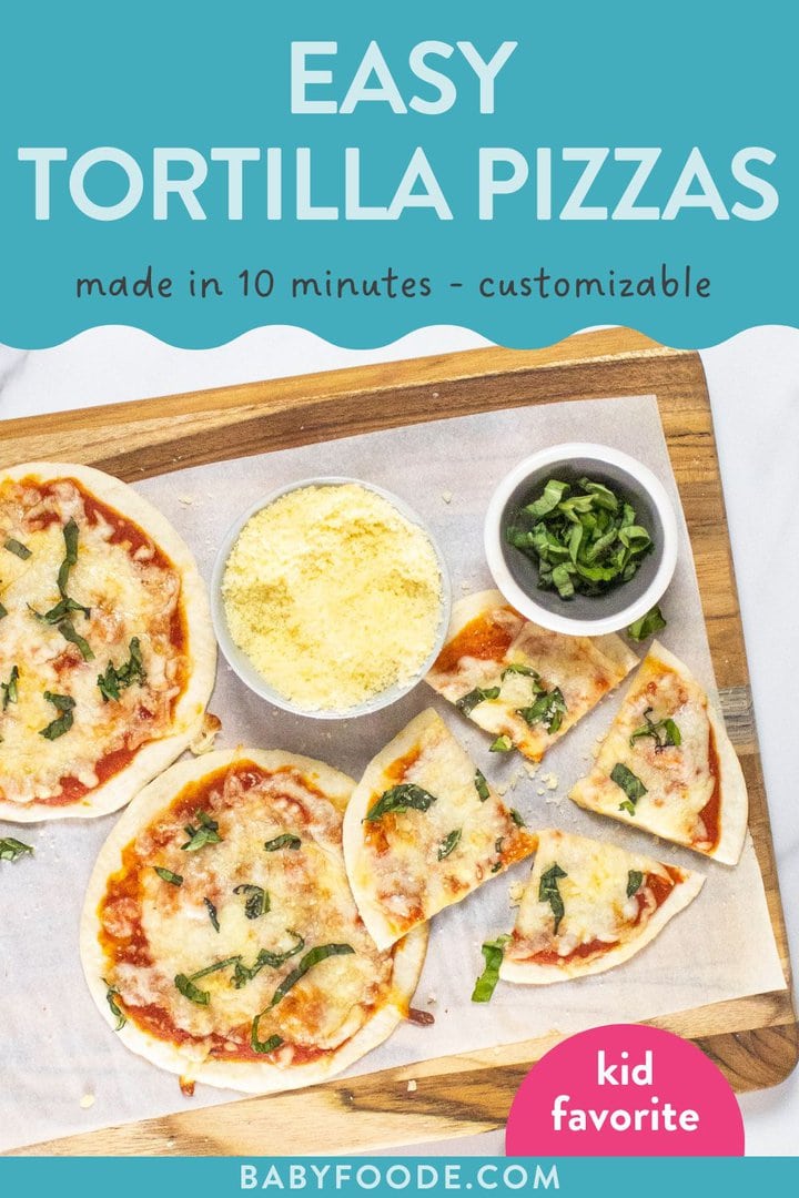 Graphic for post - easy tortilla pizza - made in 10 minutes - customizable - kid favorite. Image is of a purple plate with tortilla pizza, broccoli and a cup of applesauce.