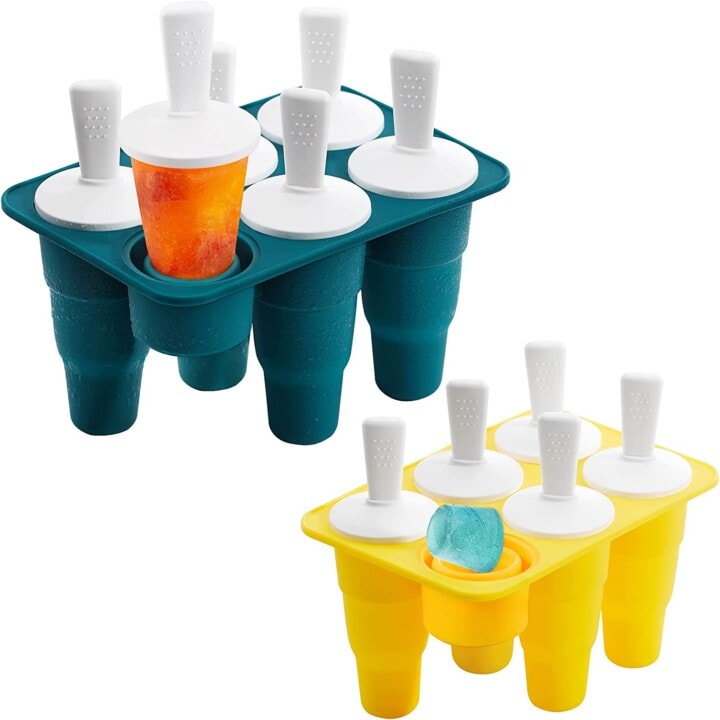 2 collapsible popsicle molds in fun colors against a white background.