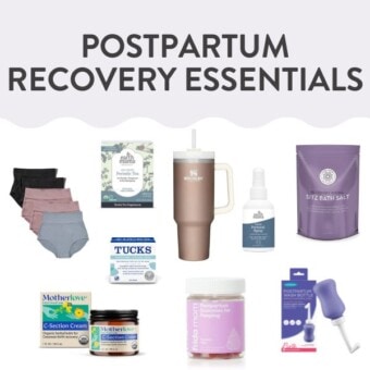 graphic for post - postpartum recovery essentenials - images are a spread of objects that help new moms after they give birth.