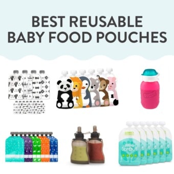 Graphic for post – best reusable baby food pouches. Images of a spread of different brands of baby food pouches and colorful patterns in grap
