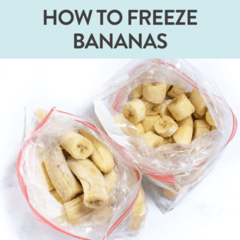 Graphic for post – how to freeze bananas. Images of two bags on a white surface full of frozen bananas.
