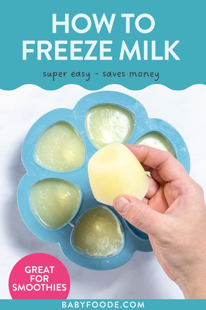Gratitude post – super easy – saved money – great for smoothies. Images of a hand holding up a frozen milk cube over a tray of frozen milk.